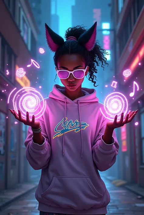 "A young Black woman in her early 20s with dark brown skin and wild, curly hair tied back with a makeshift circuit wire, standing in an alley illuminated by neon city lights. Nova is wearing an oversized graphic t-shirt with a retro computer logo, pajama b...