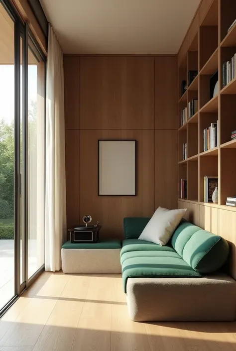 Architectural professional 3D rendering of the interior design of a cozy part in a very modern and very minimal style in the villa building to study and listen to music with a bench of stone and wood and couch mattress in English green and a library in a v...