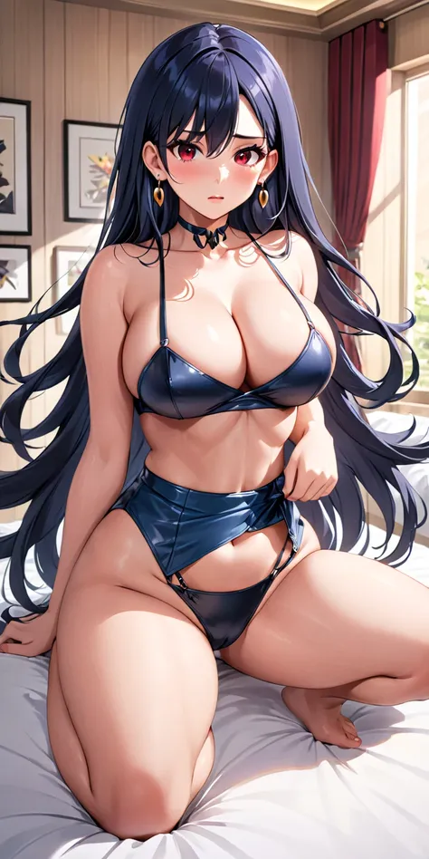 High quality art,  Promotional Material ,  Main art of anime ,  very big breasts , exaggerated breasts, blush, manos perfectas,  Perfect Legs ,  wide hips , tight chest,  long eyelashes are not attractive, (  dynamic wallpaper  ),  detailed eyes , ( Focus ...