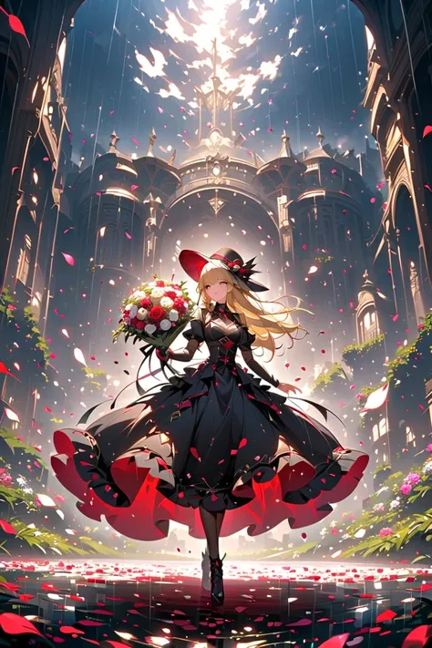  1 girl, Black Gothic Dress ,Black Hat,white bouquet,(holding white bouquet), standing,Front,( Black Petals Dance in Lots ), Rain of Petals ,Lots of petals,Countless petals,Petals Fly Through the Air ,Art Deco, Color Field Painting,Rococo, chiaroscuro, cin...