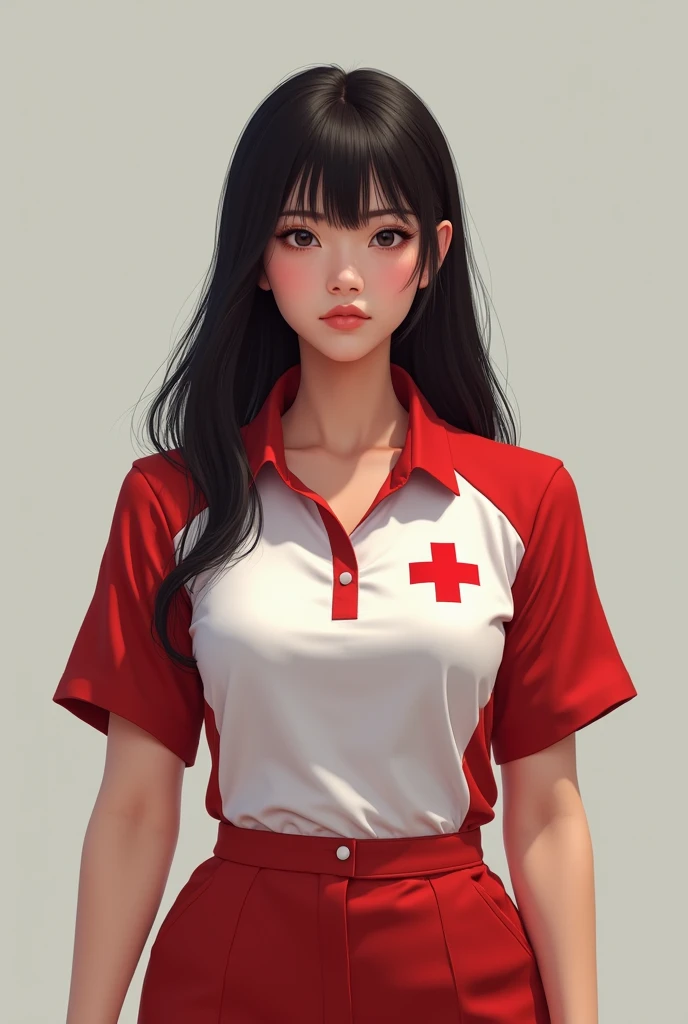 wearing Indonesian Red Cross shirt
1girl, Alone,  long hair, bangs, black hair,large breasts, 