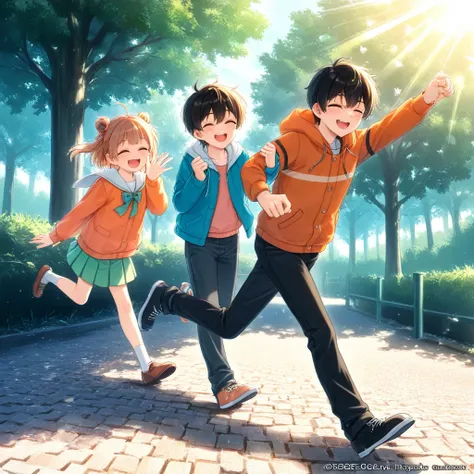 in the park,  he meets his friends .  They say hello enthusiastically , "Good morning!"  Sunlight hits their faces ,  gives a warm and happy impression . They laugh together ,  running around the park full of energy ,  letting the morning spirit take them ...