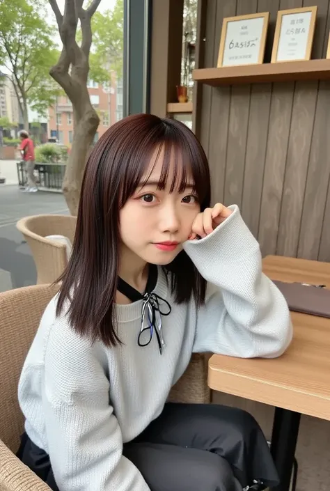  8K Ultra HD ,  DSLR, film grain,  Fujifilm XT3,( top quality :1.3), (masterpiece:1.1),  high res, Cinematic Light,  complicated details, ( Photorealistic ),outside,beautiful outside,sunny,
 Korean Girl,(At the cafe:1.5) , Dimples,  bob cut,  viewers, Deta...