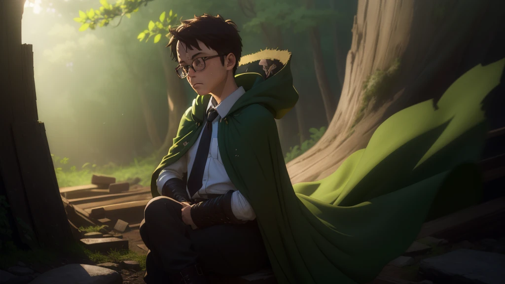 Boy、big round glasses、adventurer、、、、head down、lose、guilty、despondency、sad、repression、guilt、betrayal、chill、hurt、make up for、forgive、rounded glasses、green cape、full body、brown coat、white shirt、green tie、brown shorts、black boots、dynamic pose、1 person、splash a...