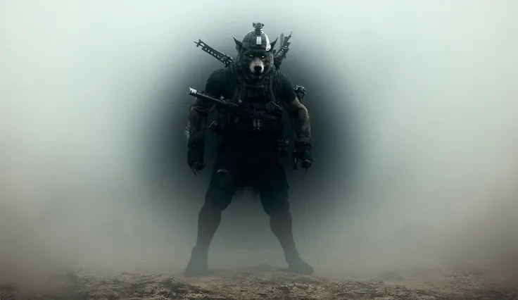 "A fierce, battle-ready wolf dressed in tactical military gear. The wolf is standing upright, with muscular legs and sharp, intense eyes, exuding confidence and strength. It is fully equipped with modern assault rifles slung over its shoulders, the rifles ...