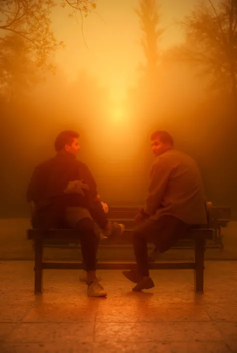 Lionel Messi aur Cristiano Ronaldo ek serene park mein hain, dono casually baithkar ek bench par baat kar rahe hain. Messi ke haath mein ek football hai aur Ronaldo hasi karte hue apni iconic pose mein hai. Peeche sunset ka cinematic golden glow hai, jo un...