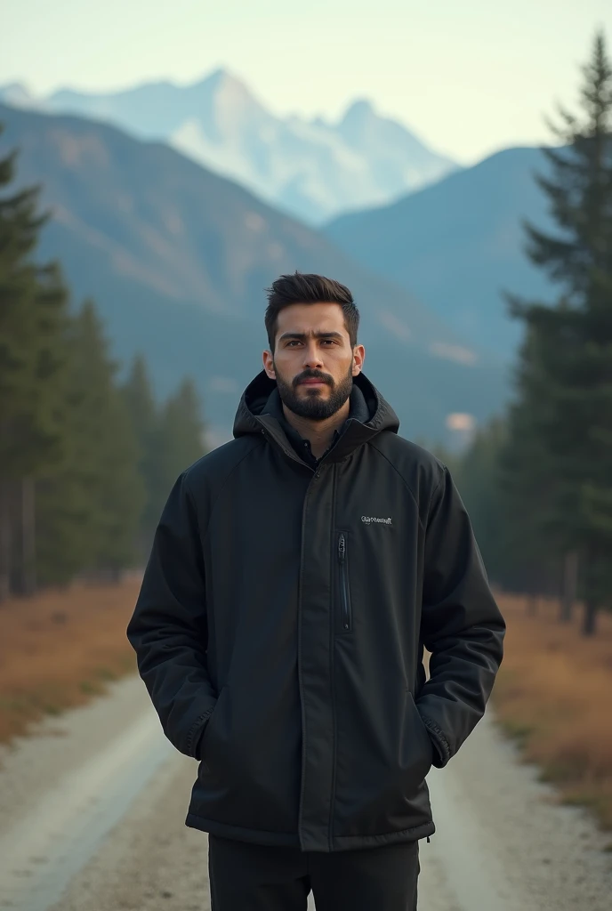 arafed man in a black jacket standing on a dirt road, a picture by Riza Abbasi, pexels, surrealism, with mountains in the background, khyzyl saleem, in front of a forest background, with mountains in background, taken with sony alpha 9, hills in the backgr...