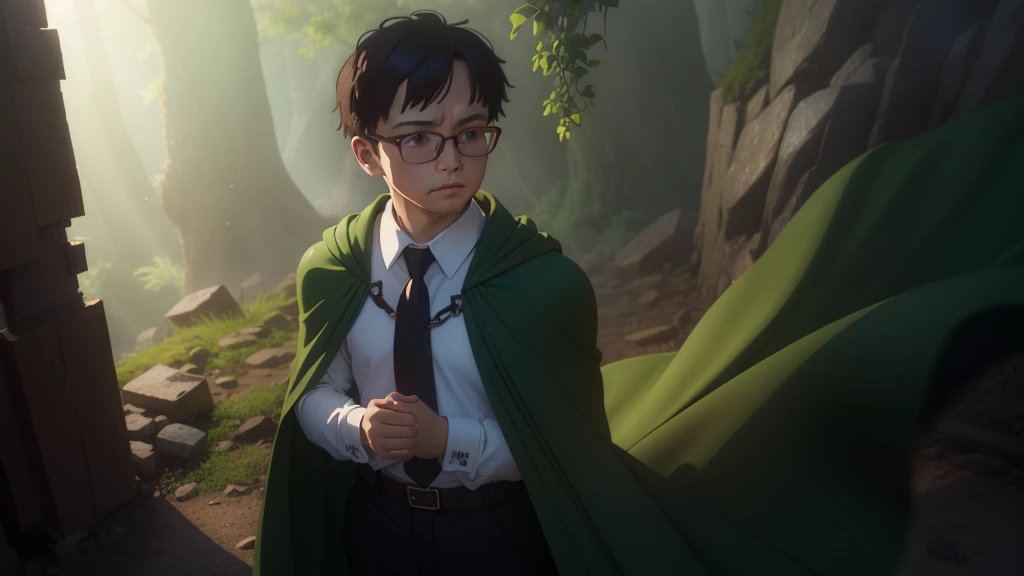 Boy、big round glasses、adventurer、、、、head down、lose、guilty、despondency、sad、repression、guilt、betrayal、chill、hurt、make up for、forgive、rounded glasses、green cape、full body、brown coat、white shirt、green tie、brown shorts、black boots、dynamic pose、1 person、splash a...