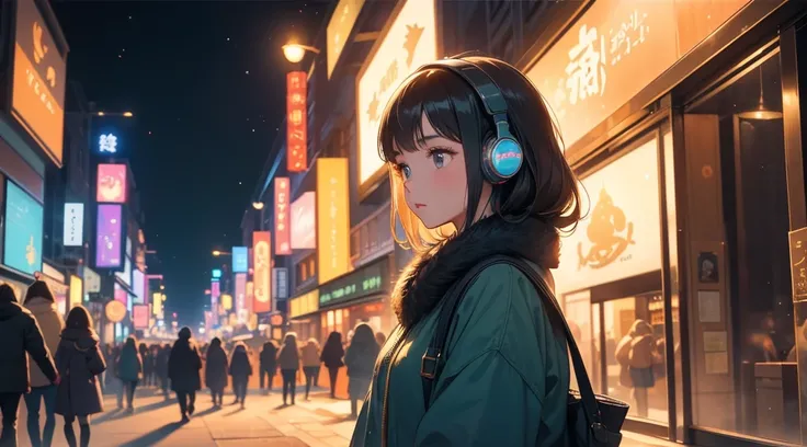 A young girl wearing headphones walks through a city illuminated with vibrant New Year’s Eve decorations. The street is glowing with festive lights, and the atmosphere is peaceful yet lively. The girl’s profile is shown, her face calm and content as she li...