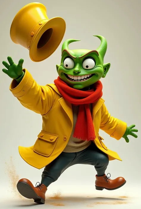 Picture of the character from the movie  "The mask "  wearing a yellow raincoat and a red scarf around his neck,  he is throwing a yellow hat toward the camera 