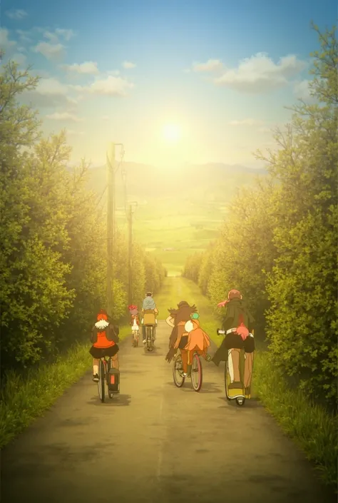 Scene 1: Introduction (Morning)
(Wide shot of the countryside. Birds chirp, and the sun rises over a small town.)

Voiceover (Sakura):
“In our little town, every day is an adventure. Especially when you have friends like these.”

(Cut to Kenji and Hiro rac...