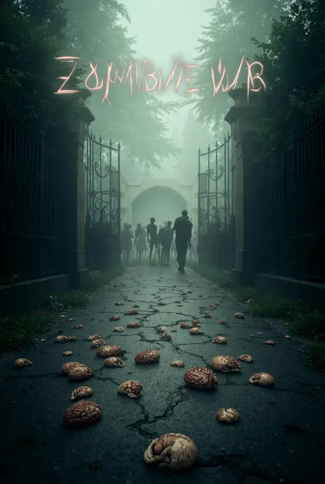 In the middle there is the writing Zombie war with an aesthetic font, while in the background you can see dozens of zombies coming out of the school gate... human brains are scattered in the middle of the road.