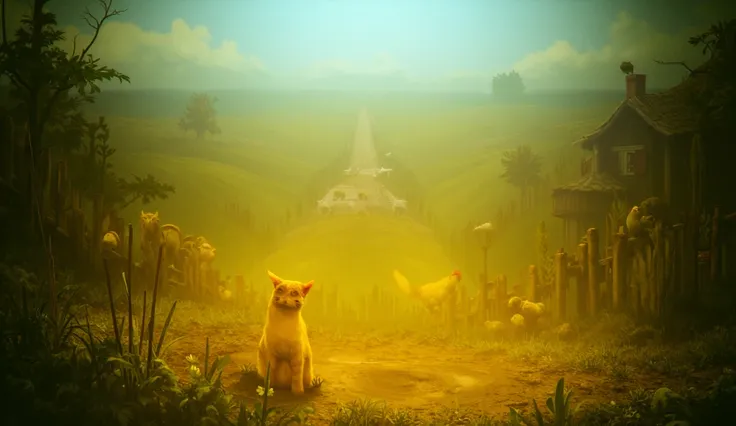 Create an image of a small farm filled with animals including a beautiful yellow cat