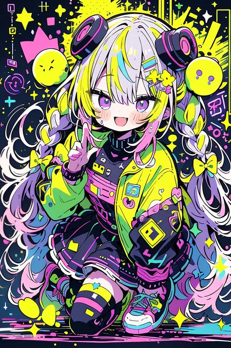 dynamic_Anime_ style for stilets, double_bread, Girl with braids ， Purple _eye, Decided_Performance, Futuristic_outfit,  colorful _clothing, green, yellow, neon_colors, Abstract_background, Chaotic_splashes, Geometric_shape, dynamic_ pose,  sneakers_visibl...