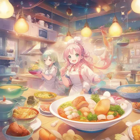 cute anime girl, kawaii, moe style, colorful soup pot, magical ingredients floating, vibrant colors, playful expression, sparkle effects, whimsical background, fantasy kitchen, chef hat, carrots, mushrooms, daikon radish, onion, chicken meat, gobo sticks, ...