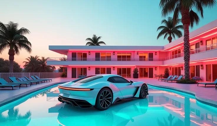 "An attractive scene of a stylish motel with a swimming pool in front. A luxury sports car is parked near the pool. The motel has a retro-modern design, with neon lights illuminating its exterior, but the scene is set during daytime. The pool is sparkling ...