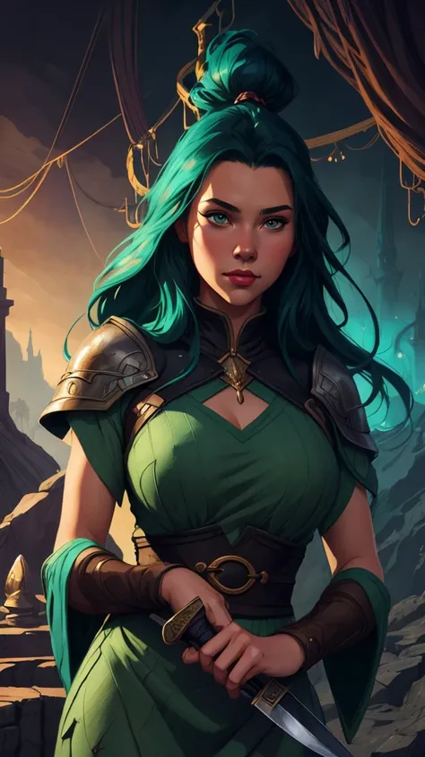 a close up of a woman in a green dress holding a knife , extremely detailed germ of art, fantasy art style, fantasy style art, epic fantasy art style, germ of art and rossdraws, germ of art.  anime illustration , style germ of art,  detailed fantasy 2d dig...