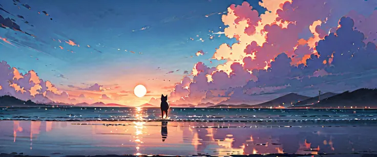 (masterpiece,  top quality :1.2),  One dog , Alone, standing_, 
 One dog ,cloudy_null, gradients _null,  horizon , ocean,  orange _null, evening ,  Purple _null, red_null, reflection,  scenery, moon,  moonlight,,masterpiece, top quality , Ultra Detailed , ...