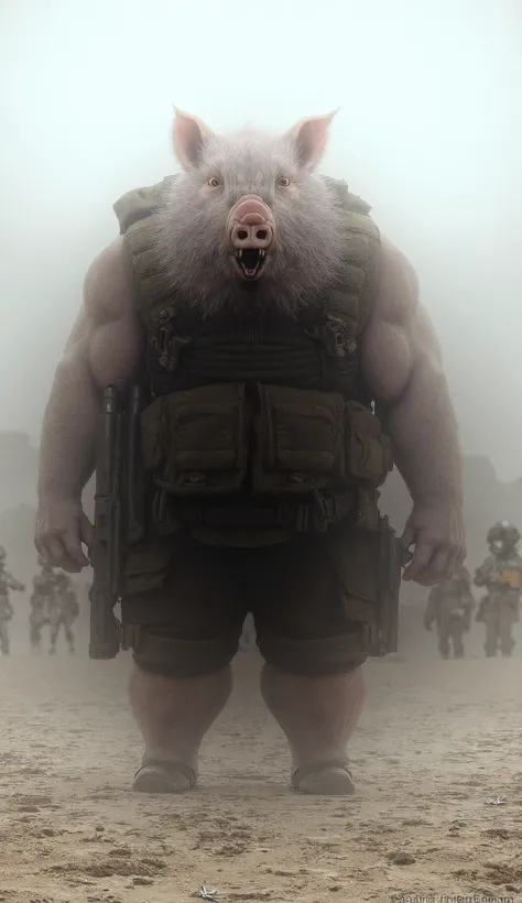 "A highly detailed and realistic scene featuring a giant, muscular pig soldier with an angry and intimidating expression. The pig has a full-body, detailed, hairy texture, resembling a boar, with visible boar-like tusks and sharp, menacing teeth. Its head ...