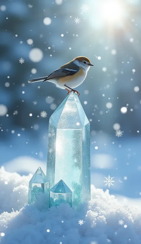 A lot of snowflakes are falling 。 a very small bird on top of a crystal。