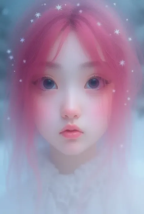 a girl in winter, white skin, big eyes, sharp nose, thin lips, pink hair