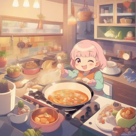 cute anime girl, cooking in a colorful pot, vibrant atmosphere, moe-style, carrots, mushrooms, leeks, chicken, sparkles, warm lighting, pastel background, fantasy kitchen, kawaii, cheerful smile, anime art style.