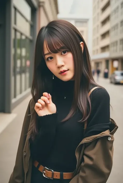  One Girl ,  , bangs, black  skirt, black   sweater  , Blue Claws, Blurred, Blurred background, Chest,  brown eyes, Brown Hair, brown  jacket, Shut up, day付付き, day, Deep written boundary,  earrings for women with first name,  eyelash ,  raise your hand,  t...