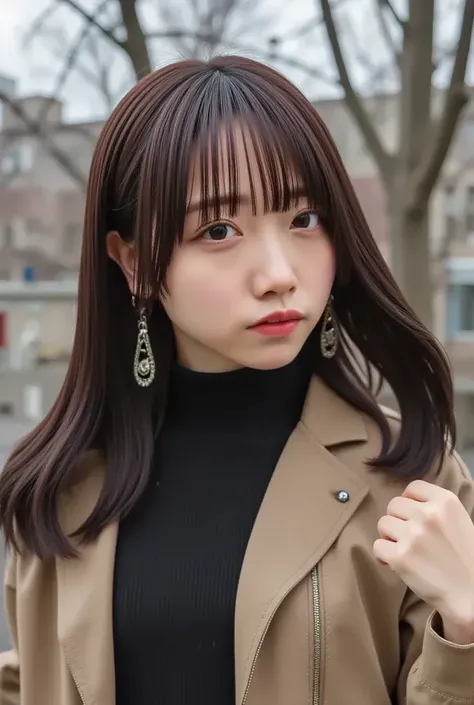  One Girl ,  , bangs, black  skirt, black   sweater  , Blue Claws, Blurred, Blurred background, Chest,  brown eyes, Brown Hair, brown  jacket, Shut up, day付付き, day, Deep written boundary,  earrings for women with first name,  eyelash ,  raise your hand,  t...