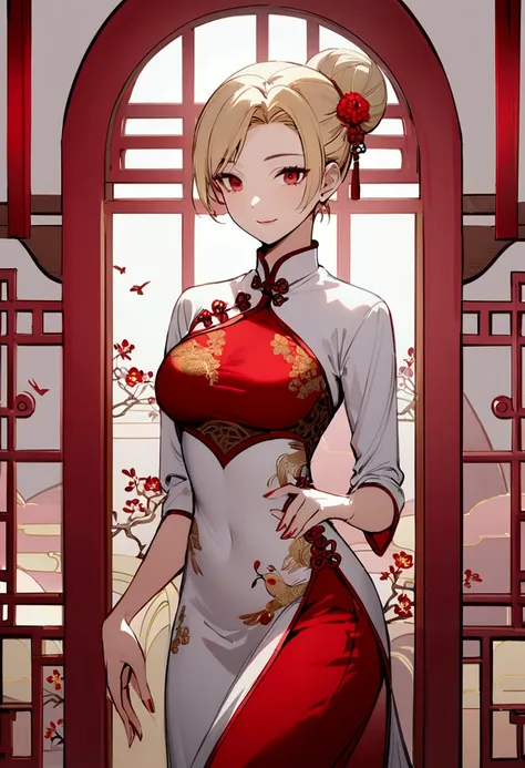 slender, mature female, 1girl,   with blonde hair in a bun, wearing a traditional Chinese qipao dress, vibrant crimson red with gold embroidery featuring stylized birds and flowers.  The dress has a close-fitting bodice, flowing skirt, and a high slit.  Th...