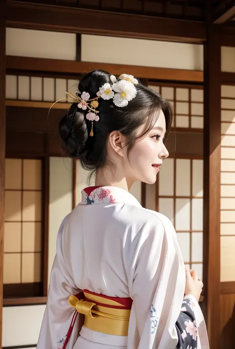  high res, accurate,  high detail,  high definition model ,  long hair,  black hair, Tying up hair,  bun hair,  open your mouth slightly ,  smiles,  back view、
kimono、 Japanese woman holding breasts、Japanese style、Old-fashioned Japanese-style building 、青いk...