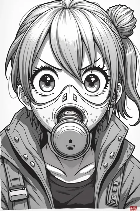 Black and white comics girl has a gas mask on her face