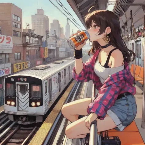 Anime girl drinking alcohol while sitting on a train station bench,  anime girls drink energy drinks ,  Lofi Girl , Drinking beer at the station, 80&#39;s anime vibe,  Lofi Girl  aesthetic,  style Aruna Eernami,  city girl fan art , Anime Style 4k, 4K cart...