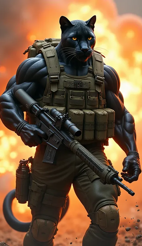 A panther like a human in muscular and strong body wearing army dress holding rocket launcher with fire background 