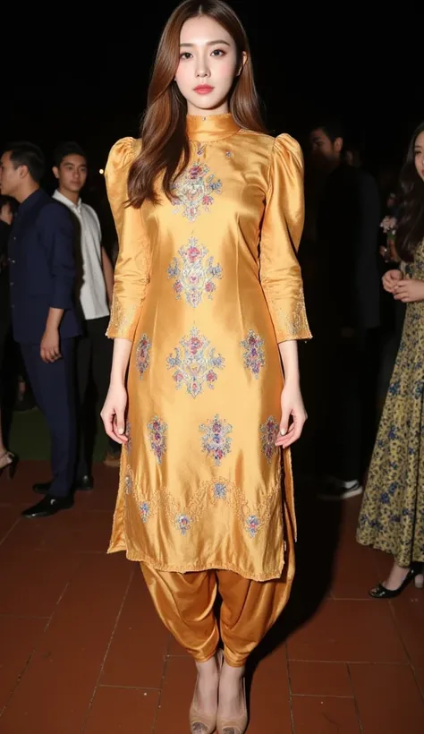 A photo of a tall, striking woman Korean standing straight and camera-facing at a party. She has wavy gold-brown hair peeking out from beneath an matching soft satin dupatta, which covers her neck. She is adorned in a Punjabi-style slim-fit outfit featurin...