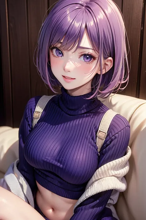 ( Best Quality , high res,8k,inelity detailed background, Masterpiece :1.2), beautiful girl,Big Breasts, glossy purple hair,short hair,bob cut,Beautiful purple eyes, virgin killer sweater, (sweater dress:1.2), ribbed sweater,sideboob,cleavage cutout, sweat...