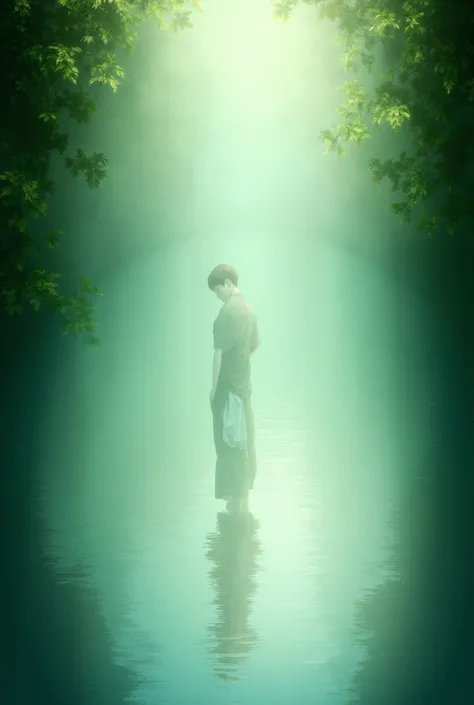 Create the image of a boy seeing his soul reflected in a river, for album cover