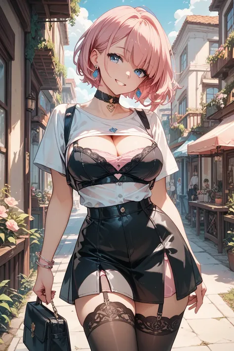  short hair mixed white and pink　Pink hair tips　 I have mixed pink hair　 gradated hair 　 medium bob hair 　 miniskirt　 garter belt　tights　Stylish summer clothes　Earrings　 choker 　smile　bright light blue eyes 　 cute face　Fresh black clothes 　Big Breasts