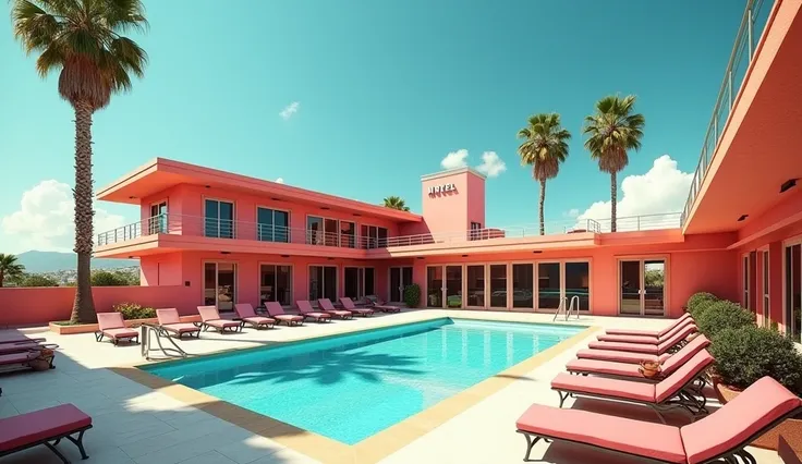 "An attractive scene of a luxury motel with a swimming pool in front. A luxury sports car is parked near the pool. The motel has a retro-modern design with clean and vibrant architecture. The pool is sparkling clean, surrounded by lounge chairs, and the en...