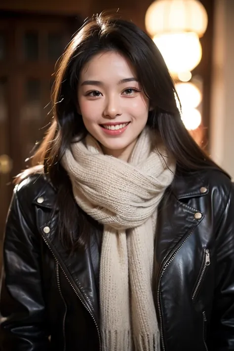 a man, inviting,  round face with soft features ,  messy and slightly long brown hair.
Dark and slanted eyes ,  Thick lips. 
 Smiling showing the front teeth ,  dressed in leather jacket and scarf 