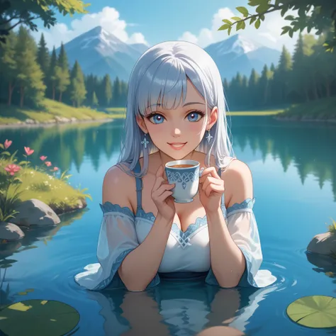 At the end ,  the girl sits by the lake ,  enjoys the morning tranquility with a cup of tea in her hand .  The calm lake water reflects the morning sunlight ,  gives a soothing sparkle .  She smiles softly ,  feeling at peace and ready to live her day with...