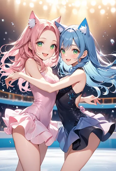 2 girls Holding hands, (Each girl has a unique appearance). BREAK. (first woman is pretty), (beautiful pink hair, beautiful green eyes, beautiful eyes, long hair, cat ears). BREAK. (another second girl is human, vivid blue hair, forehead:1.4, long hair, no...