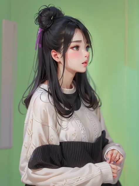 Hyper-realistic,a beautiful young girl, 15歳、detailed face, long black hair, wearing a thin オフショルダーのwhite sweater, 立って、 amazing high definition painting