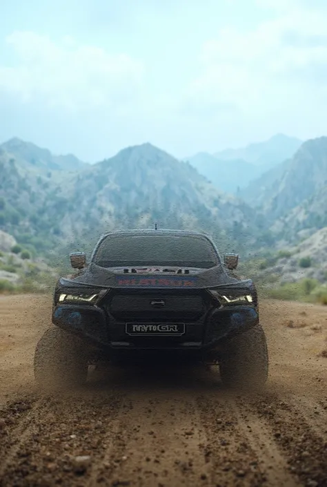 A 21 year old boy with modified Toyota Hilux gr sports in mountain with good background 
