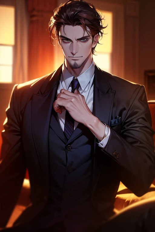 (best quality,4k,8k,highres,masterpiece:1.2),ultra-detailed,(realistic,photorealistic,photo-realistic:1.37),34 year old man,3 day beard,handsome anime,portraits,strong,masculine,dark hair,sharp jawline,mesmerizing eyes,perfectly styled hair,cool anime outf...