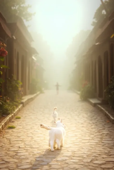 A quaint village street lined with cobblestones, with houses on either side and trees in the distance. Luna, the young white cat, is walking happily along the street, her tail flicking with excitement. Her fur is pristine white, and she has a confident, pl...