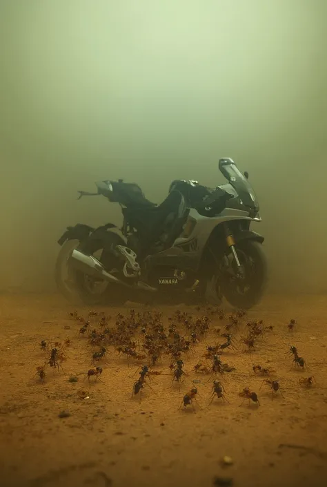 A ants and a Yamaha motorcycle in the background