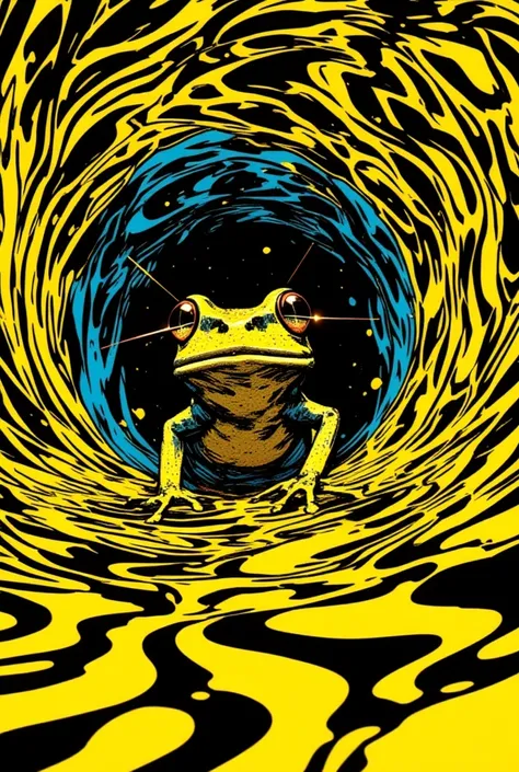   hermit frog peeking out of the yellow and black striped background, black and yellow hermit frog  ,  hermit frog emerging from the abyss  ,Lichtenstein pop art ,   Violet Porsangi Pop Art ,   LSD ripples  , Shining Eyes,   laser-eye hermit frog  ,  Reali...