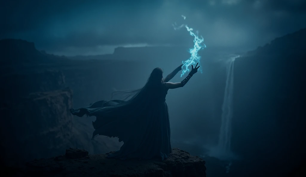 "A powerful sorceress standing on the edge of a cliff, her hand raised to control the winds as magical energy swirls around her. The landscape behind her is a mix of rocky cliffs, waterfalls, and distant mountains. The sky is dark and stormy, with flashes ...