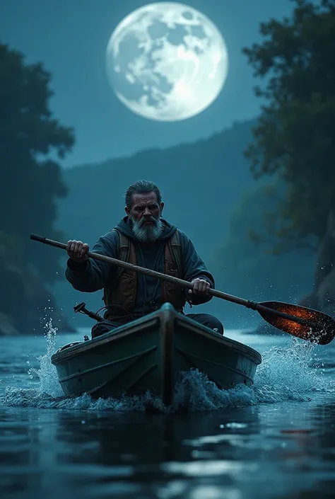 a fisherman in a boat paddling desperately, on a full moon