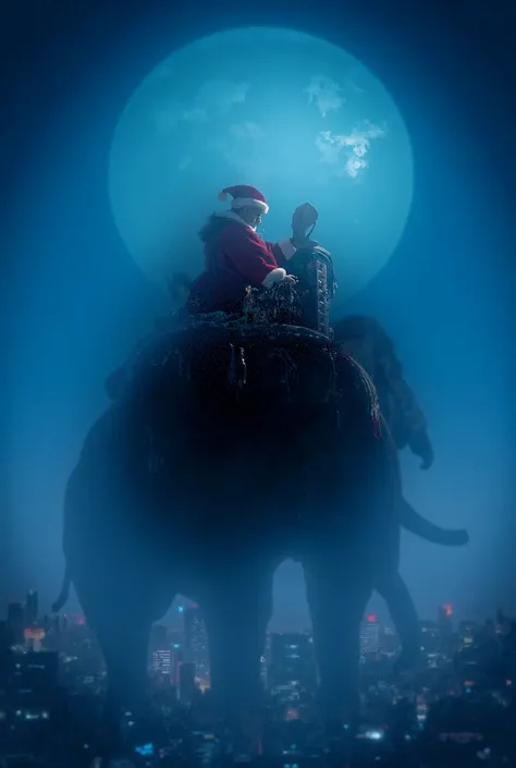 Santa Claus riding an elephant in the sky, with Bangkok below, in a beautiful atmosphere under the moonlight at night.